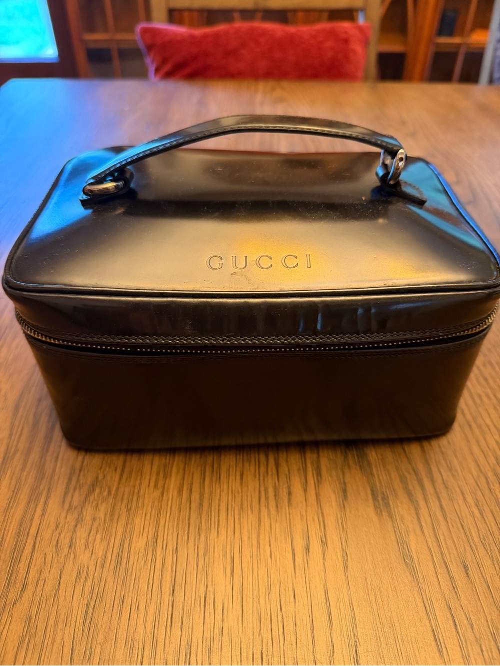Vintage GUCCI Black Patent Leather Bamboo Vanity Cosmetic Case Bag